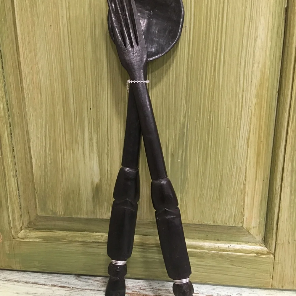 Sophisticated Black Handcarved Artisan Wooden Serving Set